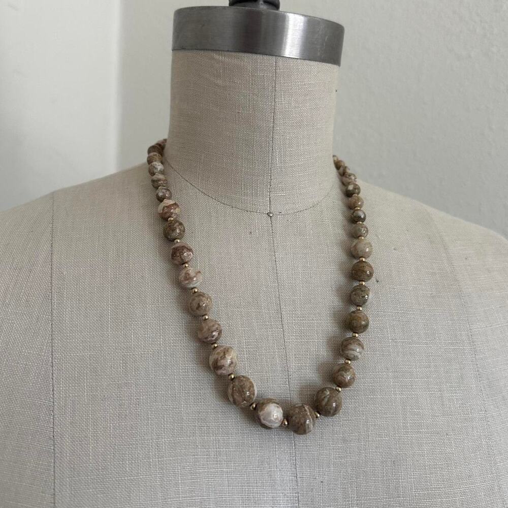 Vintage Stone 20โ Beaded Necklace Earth Tone Marble Beads Boho 1940s